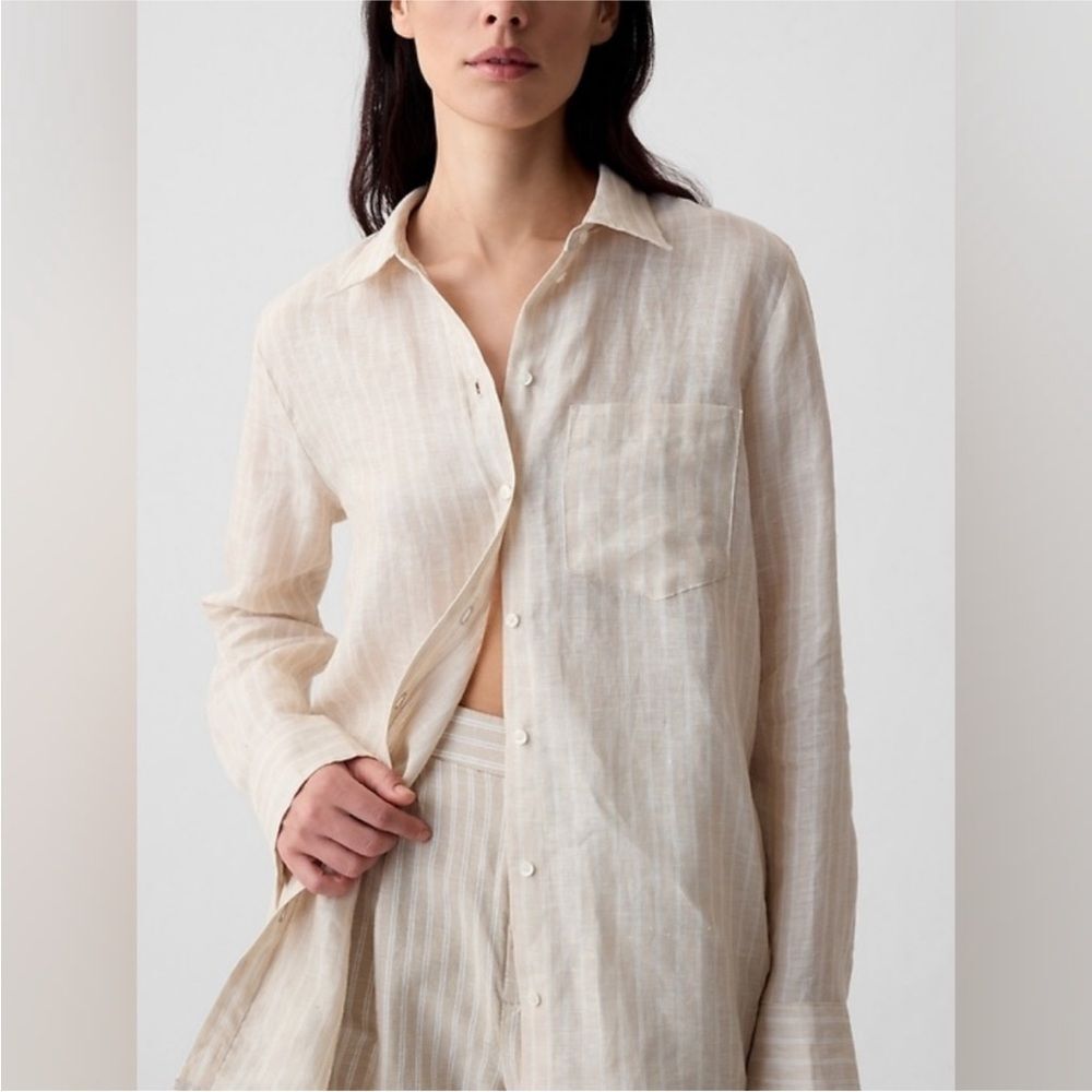 Cream and White Linen Button-Up Shirt